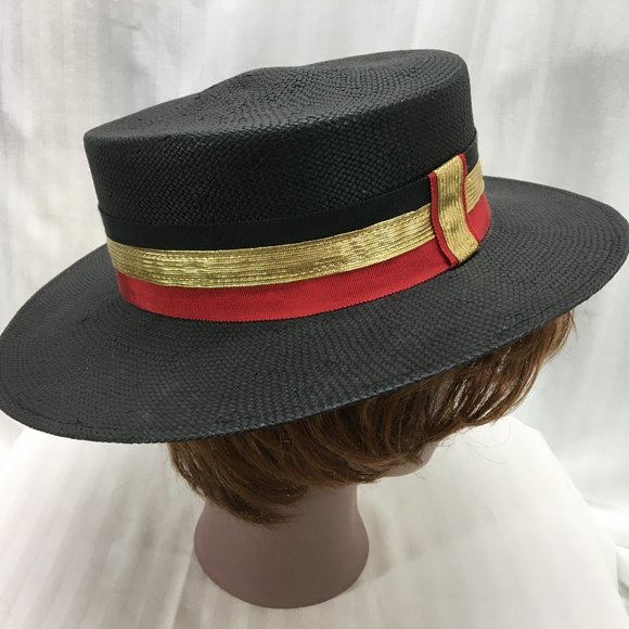 Black Flat Hat with Red & Gold Ribbon